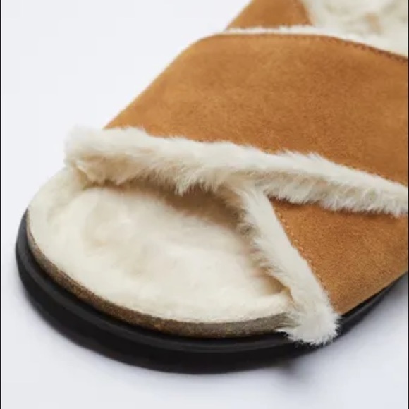 🌹NWT. Zara Natural Faux Fur Flat leather Sandals. Size 7,5. - Picture 3 of 7